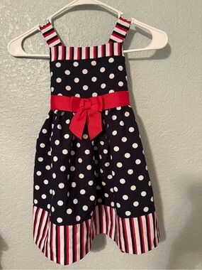 Girls Red White & Blue Polka Dot Dress with Red Bow Back Tie Sz 4T